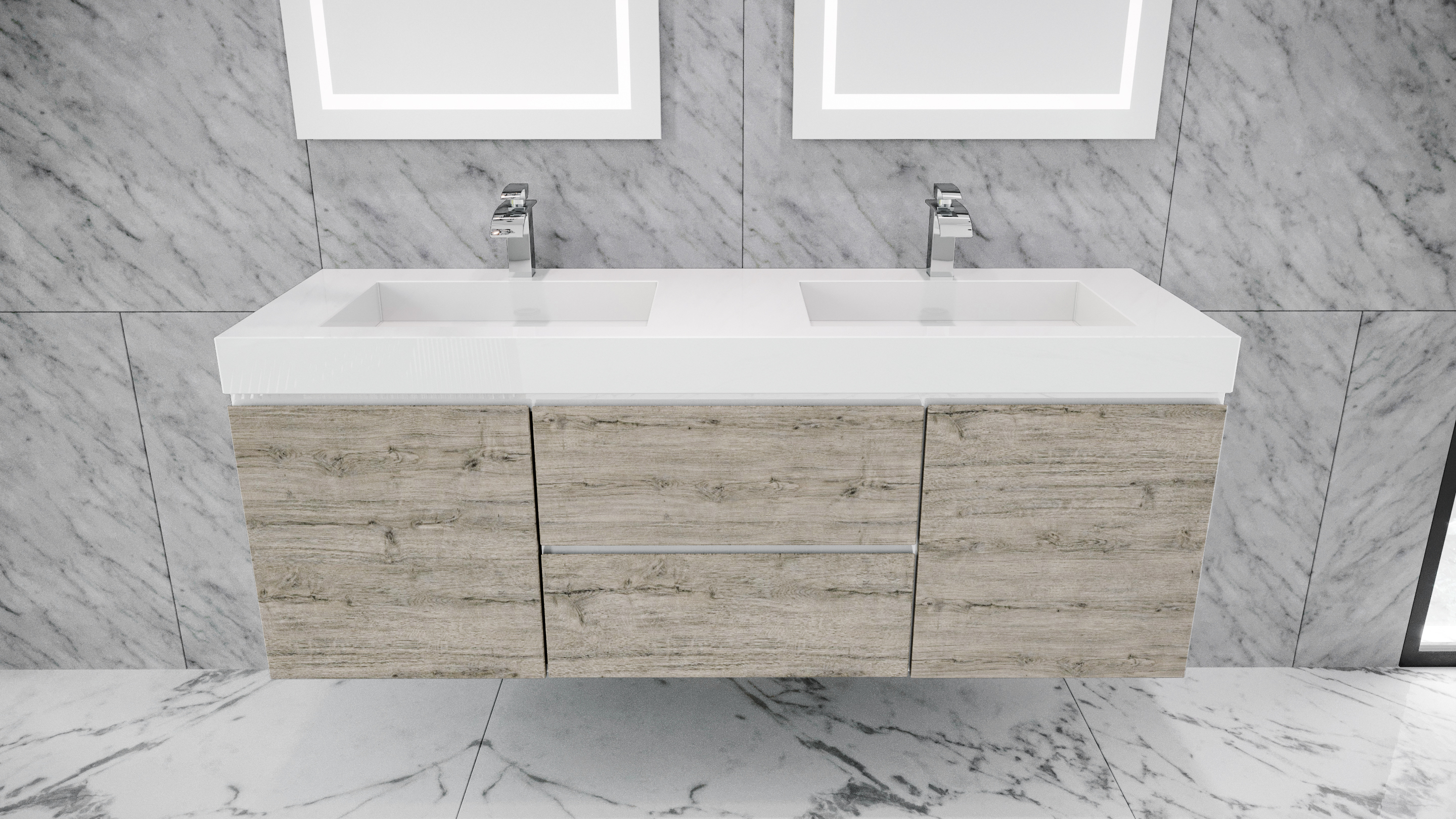 Queen 60" Rustic Gray White Wall Mount Double Sink Modern Bathroom Vanity