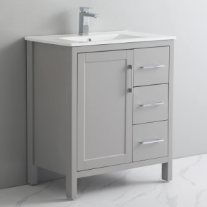 30" Vanity with Legs, Three Right Drawers and One Door, Light Gray