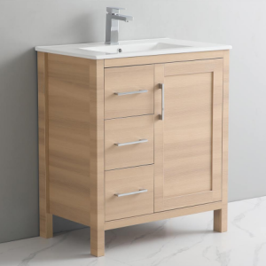 30" Vanity with Legs, Three Left Drawers and One Door, Natural Wood finish