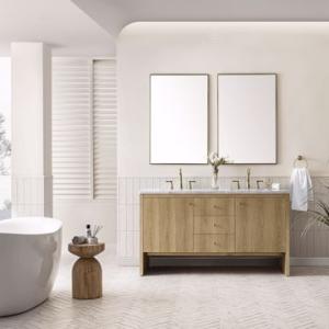 Hudson 60IN Double Vanity Light Natural Oak w/ 3 CM Carrara Marble Top