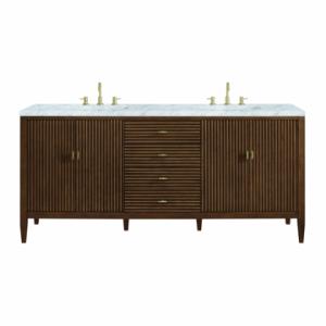 Myrrin 72IN Double Vanity Mid Century Walnut w/ 3 CM Carrara White Marble Top