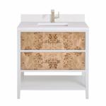 Olena 36IN Single Vanity Light Mappa Burl and Polished White w/ Single Hole 3 CM White Zeus Silestone Top & Backsplash