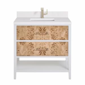 Olena 36IN Single Vanity Light Mappa Burl and Polished White w/ Single Hole 3 CM White Zeus Silestone Top & Backsplash