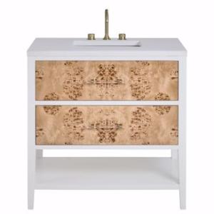 Olena 36IN Single Vanity Light Mappa Burl and Polished White w/ 3 CM White Zeus Silestone Top
