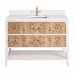 Olena 48IN Single Vanity Light Mappa Burl and Polished White w/ Single Hole 3 CM White Zeus Silestone Top & Backsplash