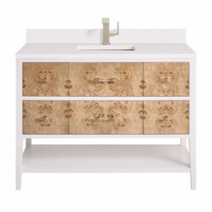 Olena 48IN Single Vanity Light Mappa Burl and Polished White w/ Single Hole 3 CM White Zeus Silestone Top & Backsplash