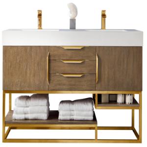 Columbia 59IN Double Vanity Latte Oak Radiant Gold w/ Glossy White Composite Stone Top