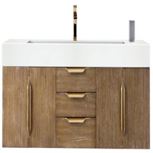 Columbia 72IN Single Wall Mount Vanity Latte Oak Radiant Gold w/ Glossy White Composite Stone Top