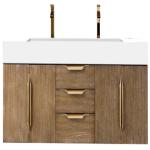 Columbia 72IN Double Wall Mount Vanity Latte Oak Radiant Gold w/ Glossy White Composite Stone Top