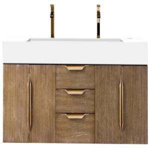 Columbia 72IN Double Wall Mount Vanity Latte Oak Radiant Gold w/ Glossy White Composite Stone Top