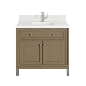 Chicago 36IN Single Vanity Walnut Whisper w/ Single Hole 3CM White Zeus Silestone Top & Backsplash