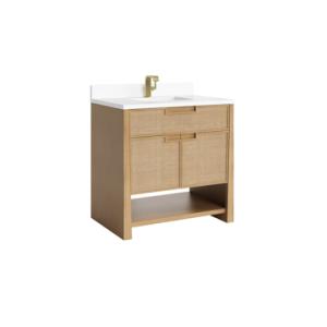 Solene 36IN Single Vanity Seaside Oak w/ Single Hole 3 CM White Zeus Quartz Top & Backsplash