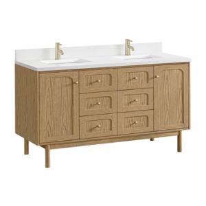 Laurent 60IN Double Vanity Light Natural Oak w/ Single Hole 3 CM White Zeus Quartz Top & Backsplash