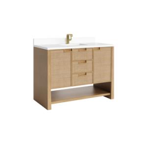 Solene 48IN Single Vanity Seaside Oak w/ Single Hole 3 CM White Zeus Quartz Top & Backsplash