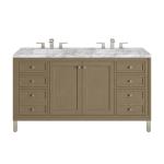 Chicago 60IN Double Vanity Walnut Whisper w/ 3 CM Carrara Marble Top
