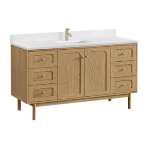 Laurent 60IN Single Vanity Light Natural Oak w/ Single Hole 3 CM White Zeus Quartz Top & Backsplash