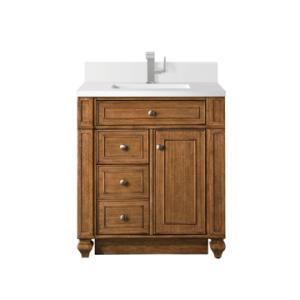 Bristol 30IN Single Vanity Saddle Brown w/ Single Hole 3 CM White Zeus Silestone Top & Backsplash