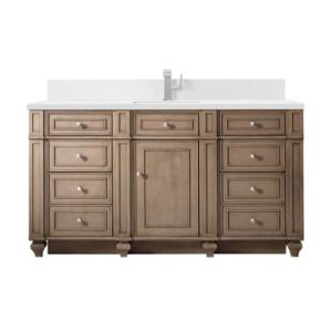 Bristol 60IN Single Vanity Whitewashed Walnut w/ Single Hole 3 CM White Zeus Silestone Top & Backsplash