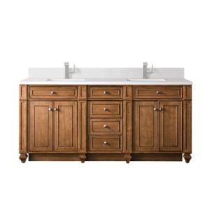 Bristol 72IN Double Vanity Saddle Brown w/ Single Hole 3 CM White Zeus Silestone Top & Backsplash
