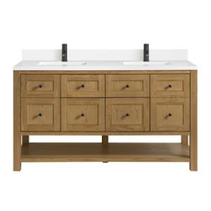 Breckenridge 60IN Double Vanity Light Natural Oak w/ Single Hole 3 CM White Zeus Quartz Top & Backsplash