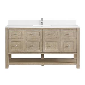 Breckenridge 60IN Single Vanity Whitewashed Oak w/ Single Hole 3 CM White Zeus Quartz Top & Backsplash