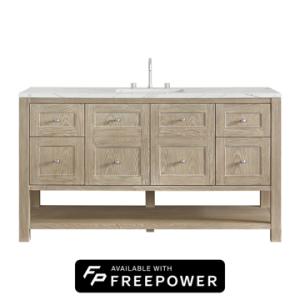 Breckenridge 60IN Single Vanity Whitewashed Oak w/ 3 CM Ethereal Noctis Quartz Top w/ Faucet Plate