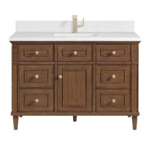 Lorelai 48IN Single Vanity Mid-Century Walnut w/ Single Hole 3 CM White Zeus Silestone Top & Backsplash