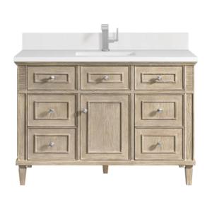 Lorelai 48IN Single Vanity Whitewashed Oak w/ Single Hole 3 CM White Zeus Silestone Top & Backsplash