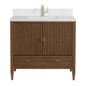 Myrrin 36IN Vanity Mid Century Walnut w/ Single Hole 3 CM White Zeus Silestone Top & Backsplash
