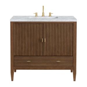 Myrrin 36IN Vanity Mid Century Walnut w/ 3 CM Carrara White Marble Top