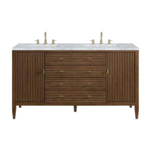 Myrrin 60IN Double Vanity Mid Century Walnut w/ 3 CM Carrara White Marble Top