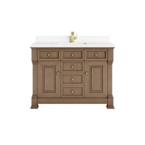 Brookfield 48IN Single Vanity Pecan w/ Single Hole 3 CM White Zeus Silestone Top & Backsplash