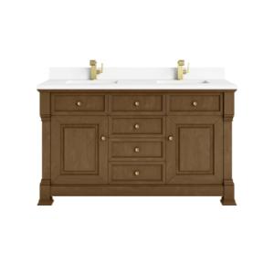 Brookfield 60IN Double Vanity Honey Oak w/ Single Hole 3 CM White Zeus Silestone Top & Backsplash