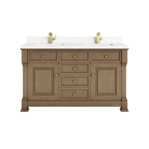 Brookfield 60IN Double Vanity Pecan w/ Single Hole 3 CM White Zeus Silestone Top & Backsplash