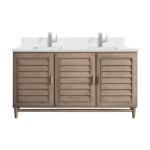 Portland 60IN Double Vanity Whitewashed Walnut w/ Single Hole 3 CM White Zeus Silestone Top & Backsplash