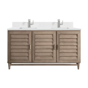 Portland 60IN Double Vanity Whitewashed Walnut w/ Single Hole 3 CM White Zeus Silestone Top & Backsplash