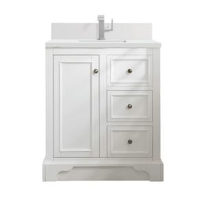 De Soto 30IN Single Vanity Bright White w/ Single Hole 3 CM White Zeus Silestone Top & Backsplash