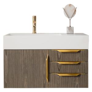 Columbia 36IN Single Wall Mount Vanity Ash Gray Radiant Gold w/ Glossy White Composite Stone Top