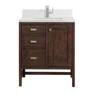 Addison 30IN Single Vanity Mid-Century Acacia w/ Single Hole 3 CM White Zeus Silestone Top & Backsplash