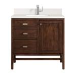 Addison 36IN Single Vanity Mid-Century Acacia w/ Single Hole 3 CM White Zeus Silestone Top & Backsplash