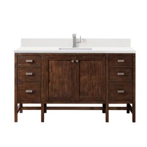 Addison 60IN Single Vanity Mid-Century Acacia w/ Single Hole 3 CM White Zeus Silestone Top & Backsplash