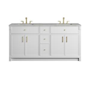 Bellshire 72" Double Vanity, Bright White w/ 3 CM Victorian Silver Silestone Top w/FreePower Wireless Charger