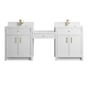 Bellshire 84" Dual Vanity Set with 24" Make-Up Counter, Bright White w/Single Hole 3 cm White Zeus Silestone Top & Backsplash