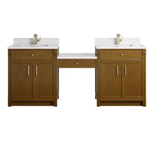 Bellshire 84" Dual Vanity Set with 24" Make-Up Counter, Honey Oak w/Single Hole 3 cm White Zeus Silestone Top & Backsplash