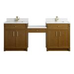 Bellshire 84" Dual Vanity Set with 24" Make-Up Counter, Honey Oak w/Single Hole 3 cm White Zeus Silestone Top & Backsplash