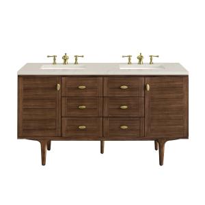 Amberly 60" Double Vanity, Mid-Century Walnut, w/ 3 CM Siberian Silestone Top w/FreePower Wireless Charger