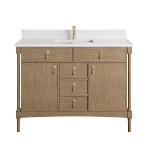 Kinnsden 48" Single Vanity, Weathered Oak w/ Single Hole 3 CM White Zeus Silestone Top and Matching Backsplash