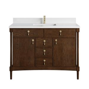 Kinnsden 48" Single Vanity, Sable Oak w/ Single Hole 3 CM White Zeus Silestone Top and Matching Backsplash