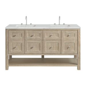 Breckenridge 60" Double Vanity, Whitewashed Oak, w/ 3 CM Ethereal Noctis Quartz Top w/FreePower Wireless Charger