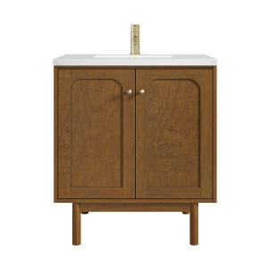 Laurent 30" Single Vanity, Honey Oak w/ Single Hole 3 CM White Zeus Silestone Top and Matching Backsplash